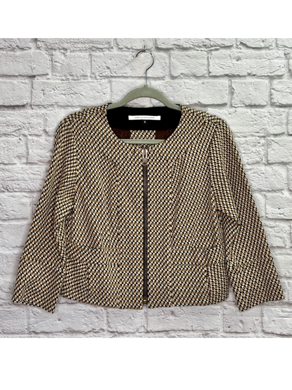 DVF Diane Von Furstenberg Womens Jacket Size 8 Full Zip 3/4 Sleeve Pattern Black